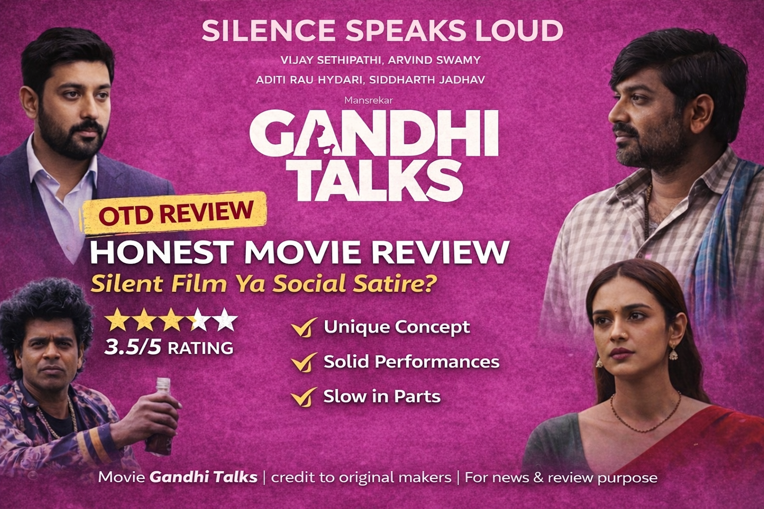 Close-up expressive shot of Vijay Sethupathi showing emotional intensity without dialogue, highlighting silent film concept.